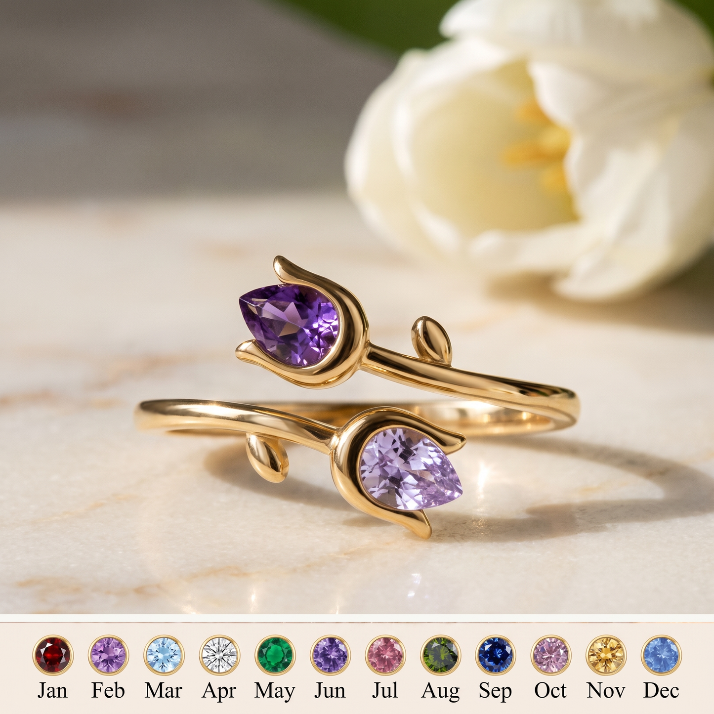 Two Tulips — Mother & Daughter Birthstone Ring