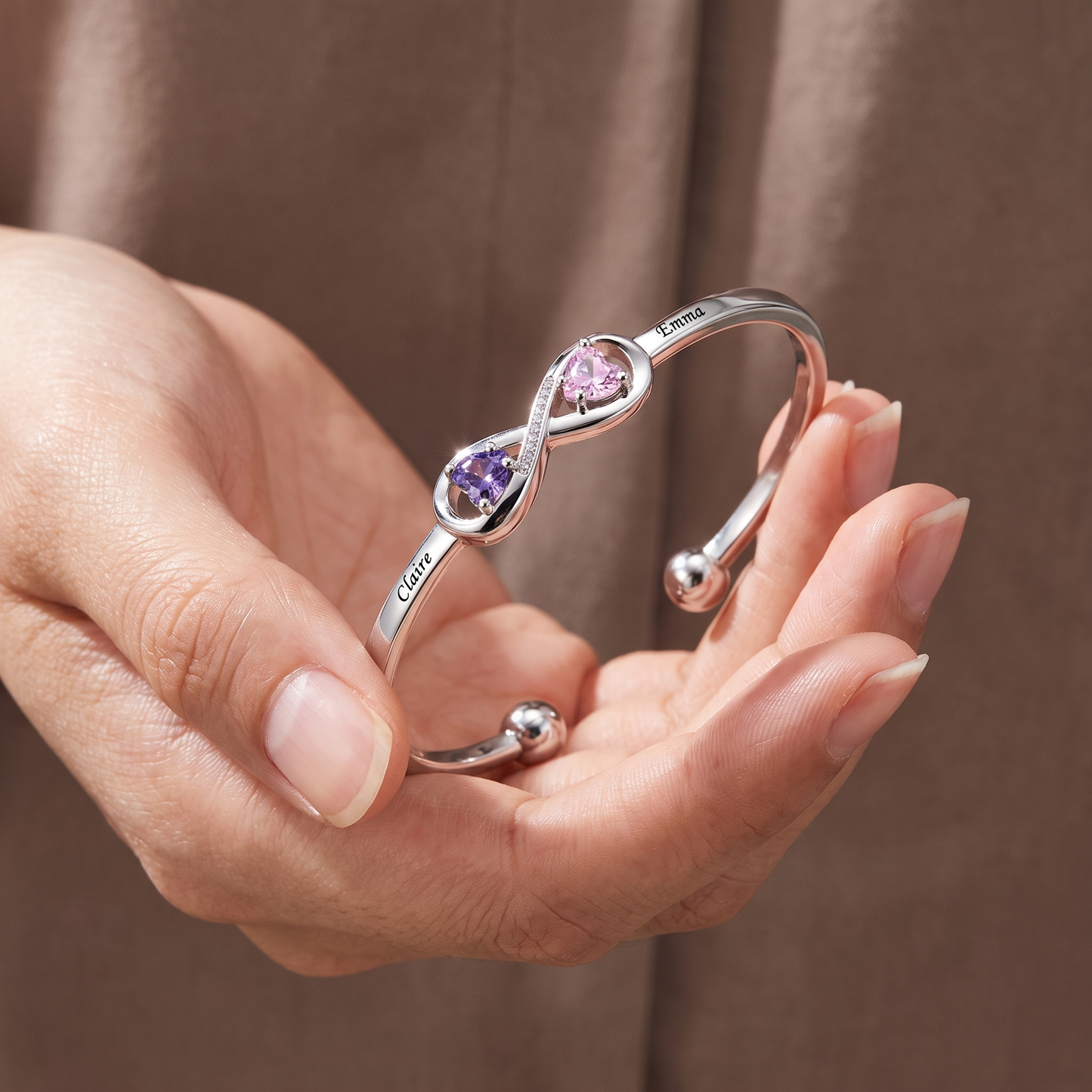 Forever Linked — Engraved Double Heart Birthstone Cuff