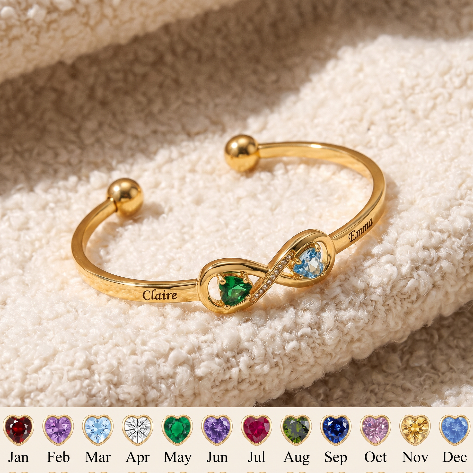 Forever Linked — Engraved Double Heart Birthstone Cuff