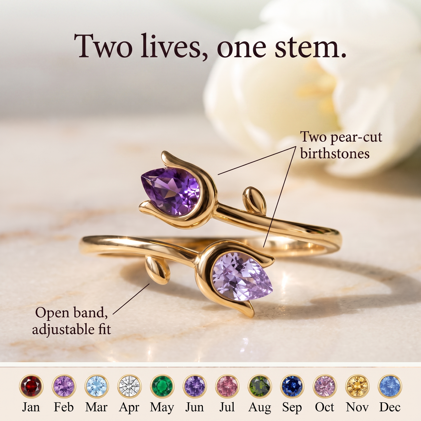 Two Tulips — Mother & Daughter Birthstone Ring