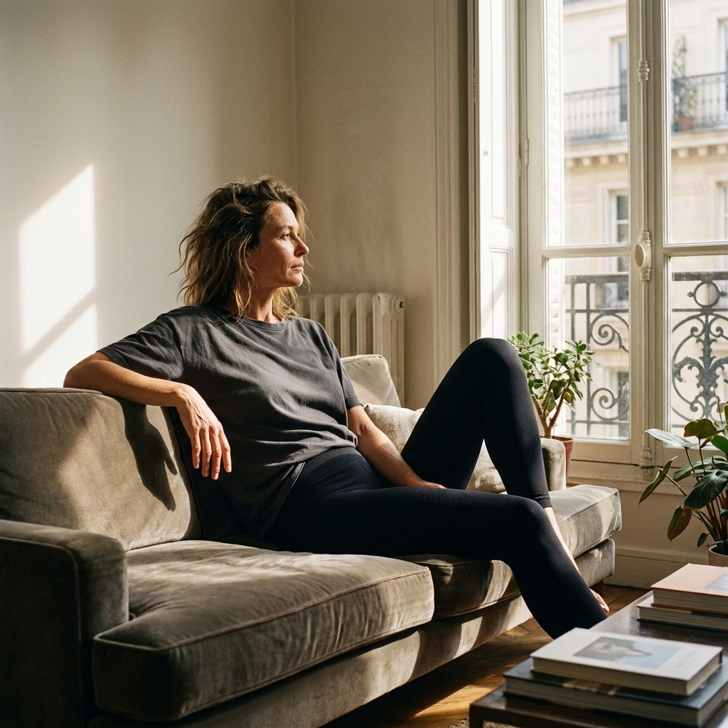 Femme legging canapé salon parisien